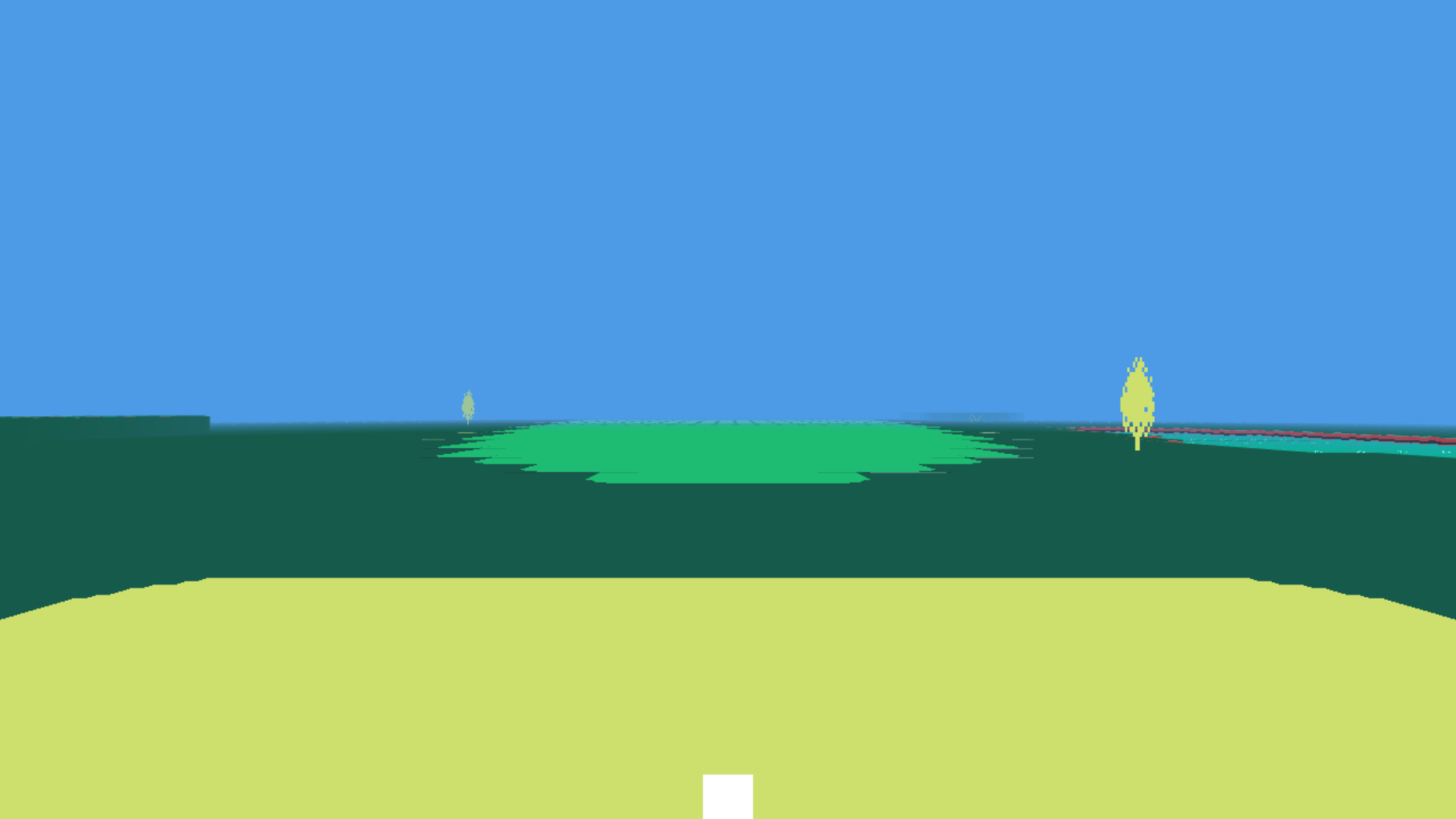 Simple POV depicting the golf course in simple greens, with a blue sky, and yellow trees in the distance. At the bottom of the image, implied to be close to the viewer, is a white square representing a golf ball.