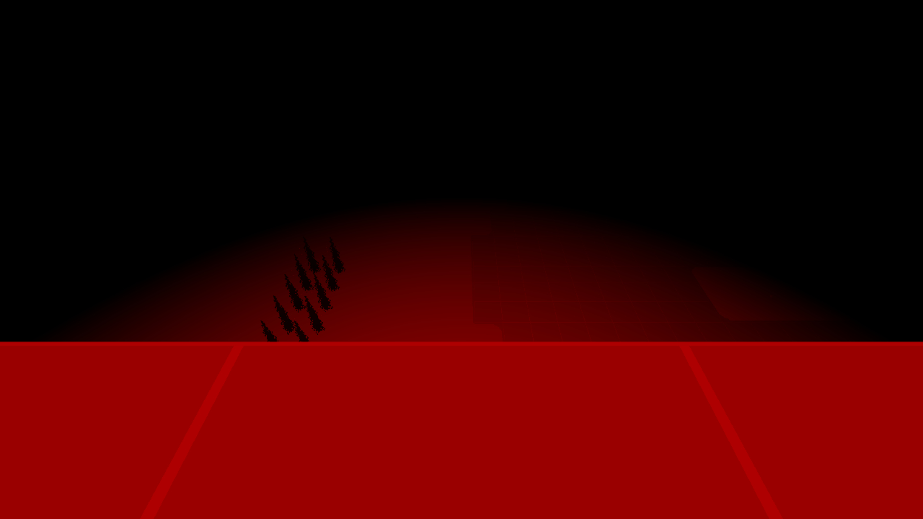 Looking down from the wall in Dracula's Castle, the path takes up the bottom third of the screen, the level geometry belows is just visible in the center of the screen, everything else obscured by the black fog.