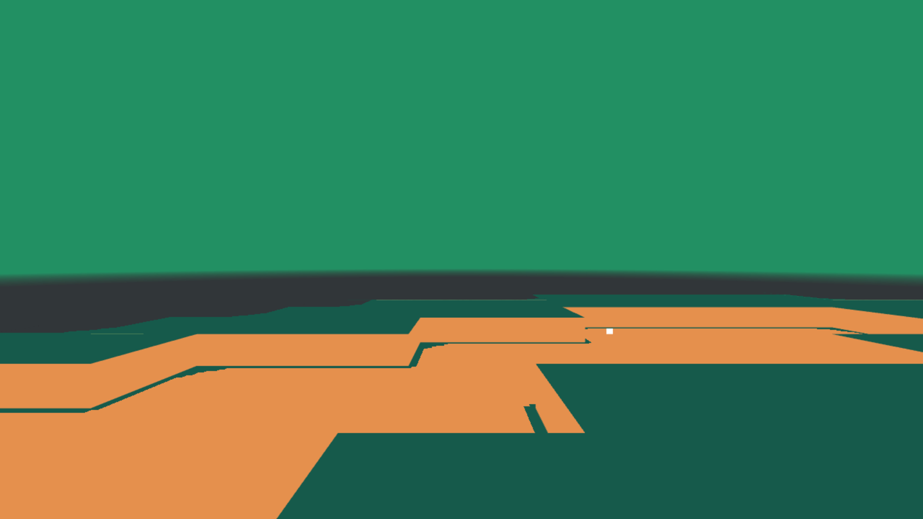 Another golf course, this one with a deeper green ground color, as well as a green sky, with an orange bunker representation, in which the golf ball is resting.