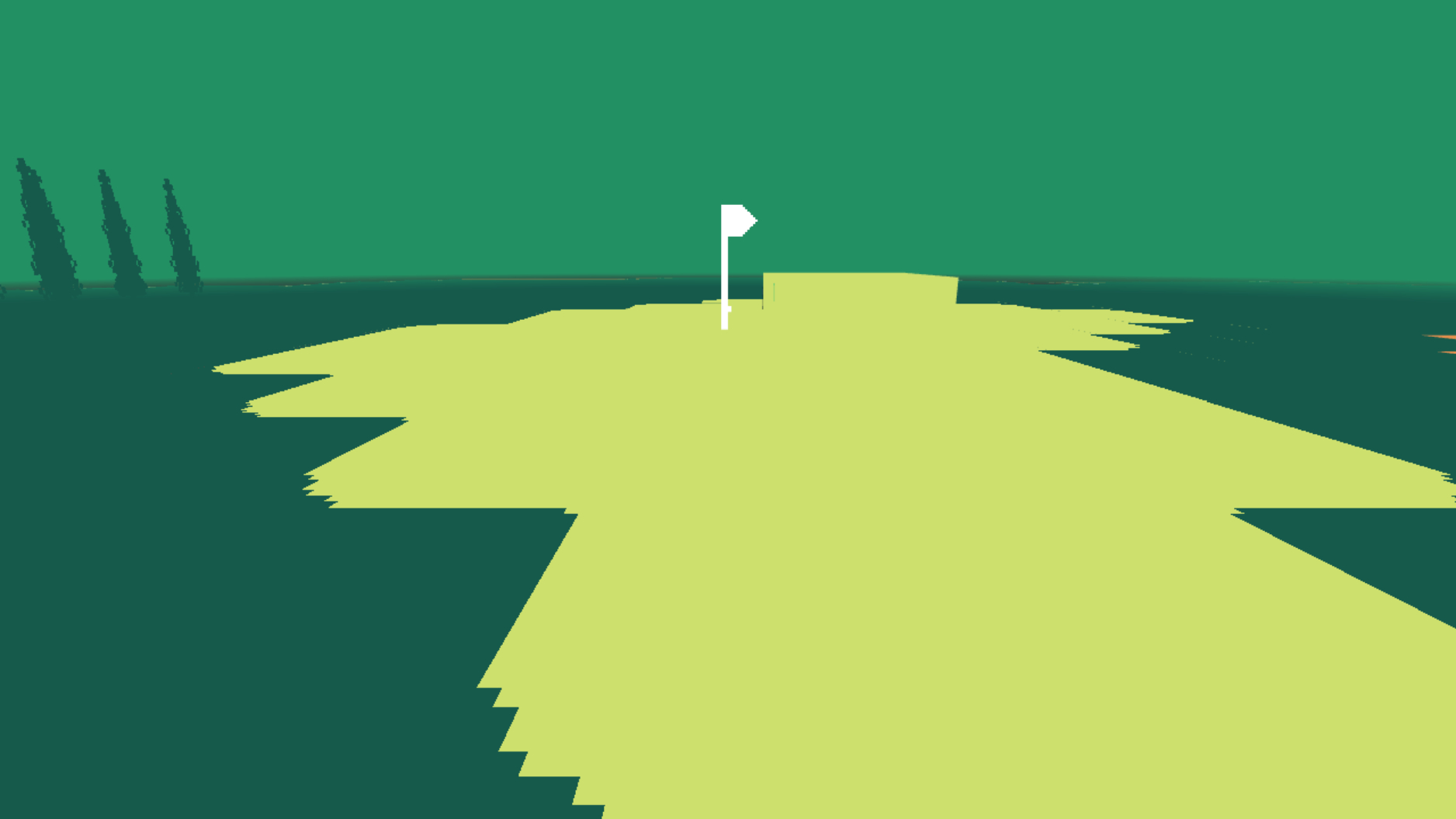 The exact same view from the last image, but the golf ball is now on the other side of the green, past the flag.