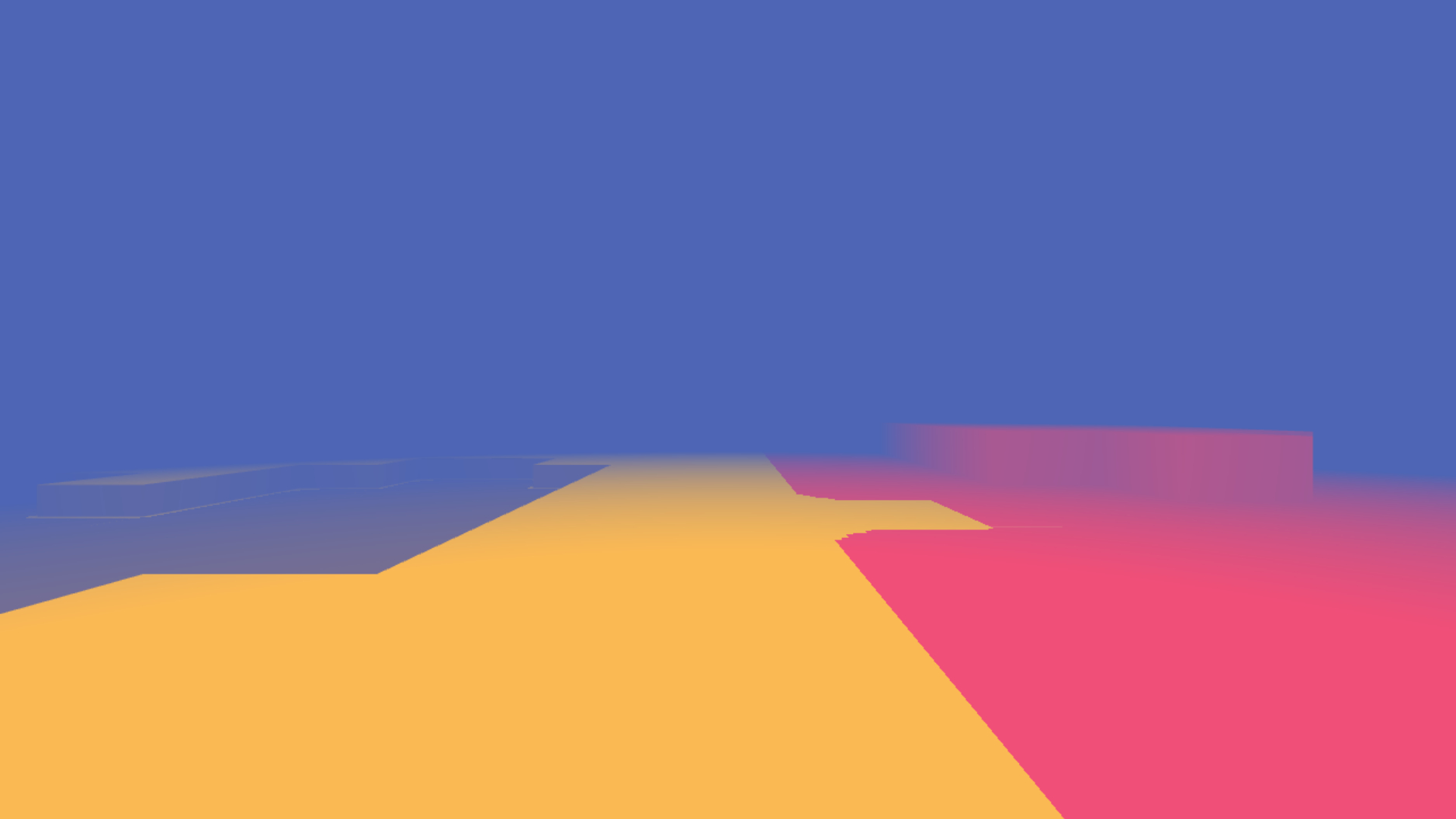 Screenshot of the course Lower Seaside, where the fairway is neon pink, the rough is a muted yellow, and the sky is lavender.