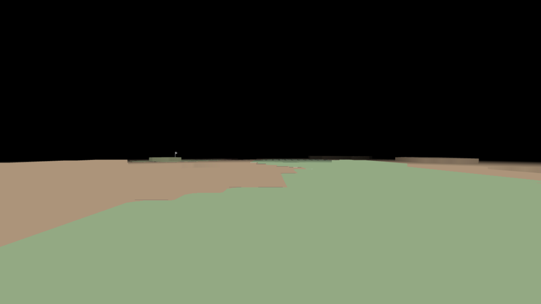 Screenshot of the course The Moon, where the fairway is a light desaturated green, the rough is a desaturated tan or grey, and the sky is black. The white flag is barely visible in the distance.