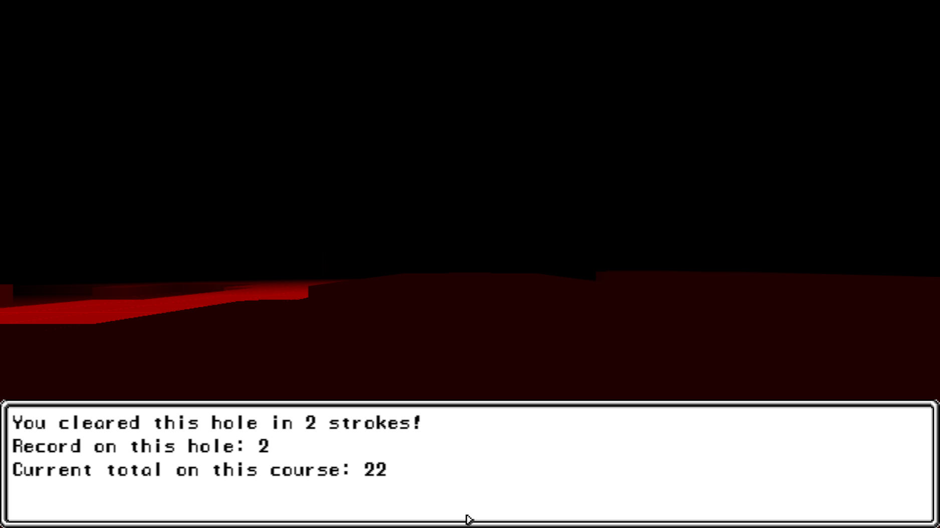 Dracula's Castle course, with a black sky, and dark crimson ground. The textbox at the bottom reads: You cleared this hole in 2 strokes! Record on this hole: 2. Current total on this course: 22.