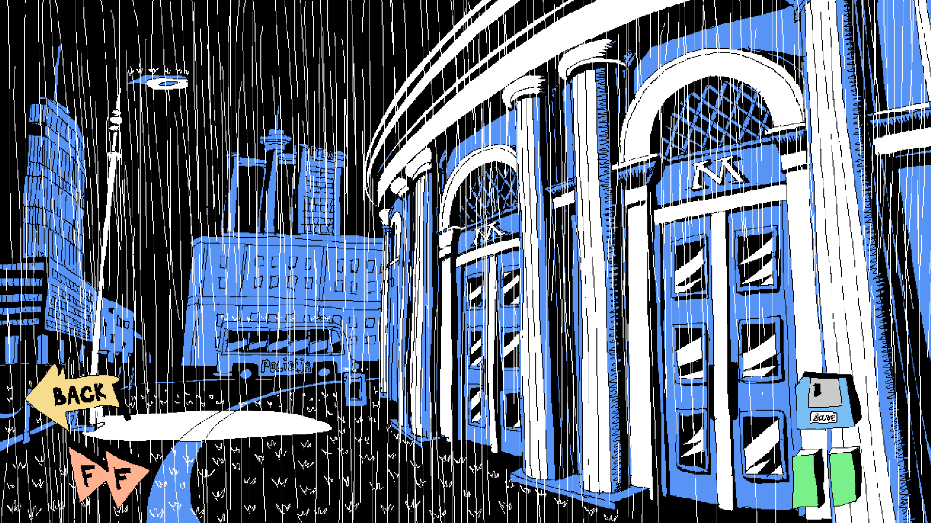 Screenshot of Man I Just Wanna Go Home, featuring the exterior of a metro station in the rain.