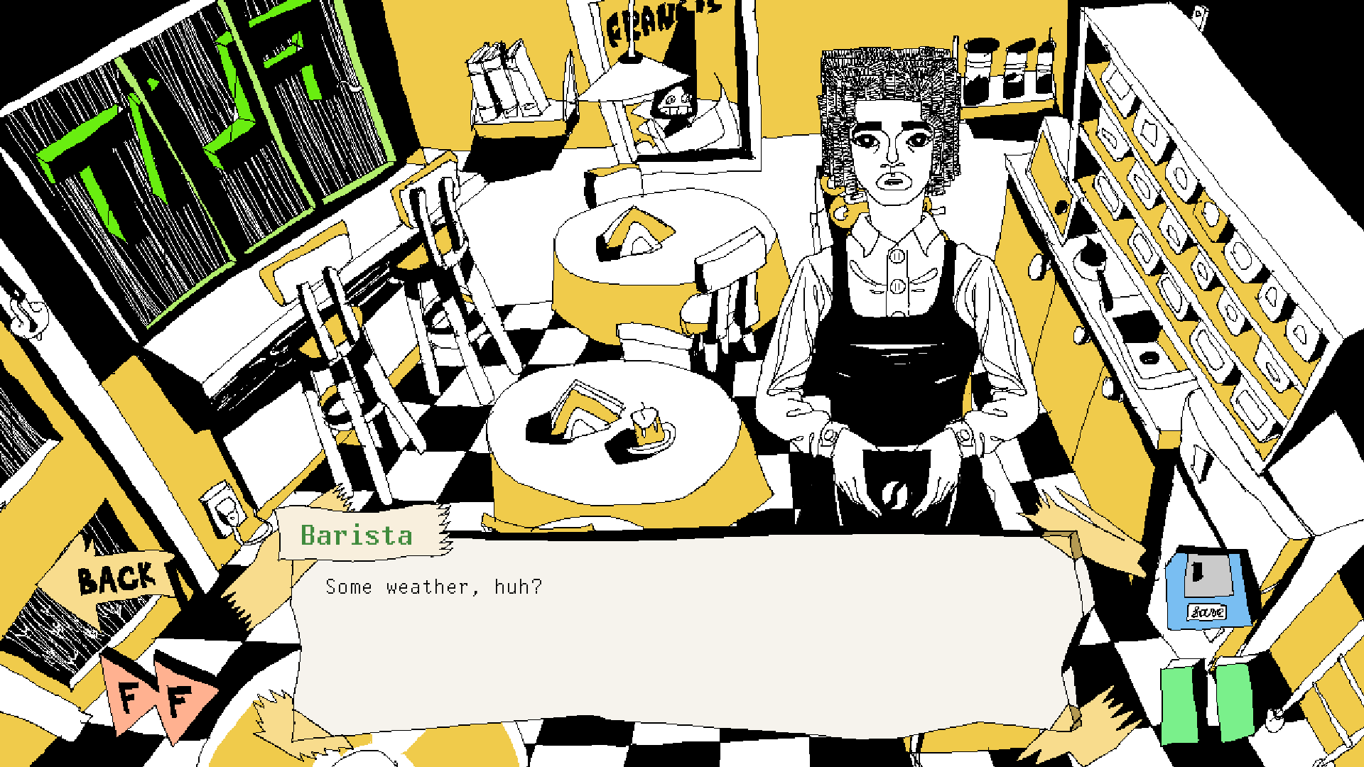 Screenshot of Man I Just Wanna Go Home, featuring the interior of a cafe and the character Rita.