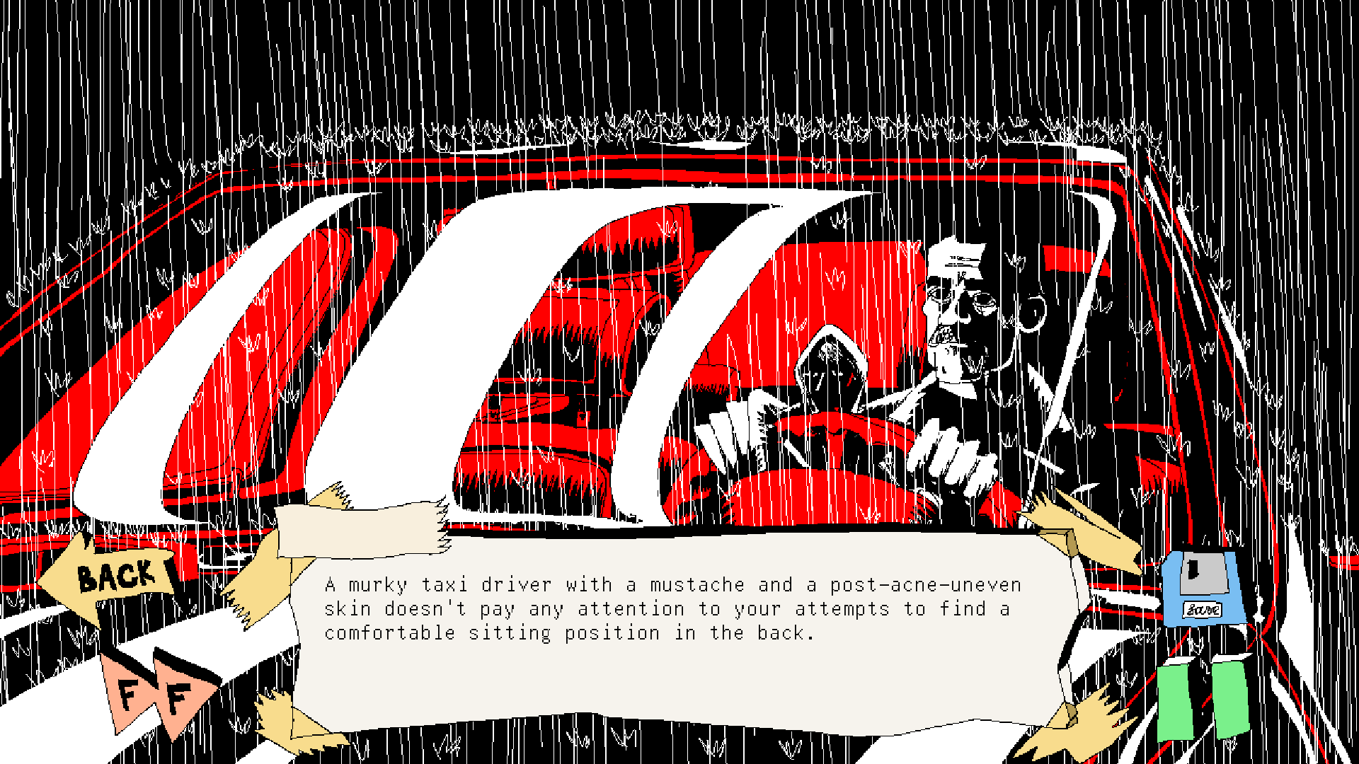 Screenshot of Man I Just Wanna Go Home, with the front windshield and interior of a car, in the rain.