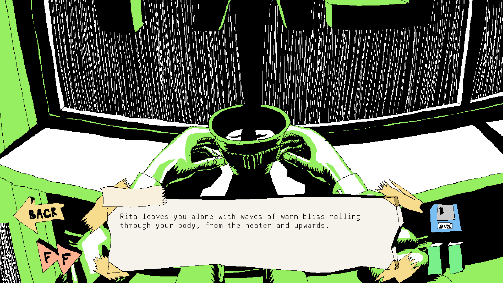 Screenshot of Man I Just Wanna Go Home, a coffee on a windowsill, hands holding the cup, and rain outside the window.