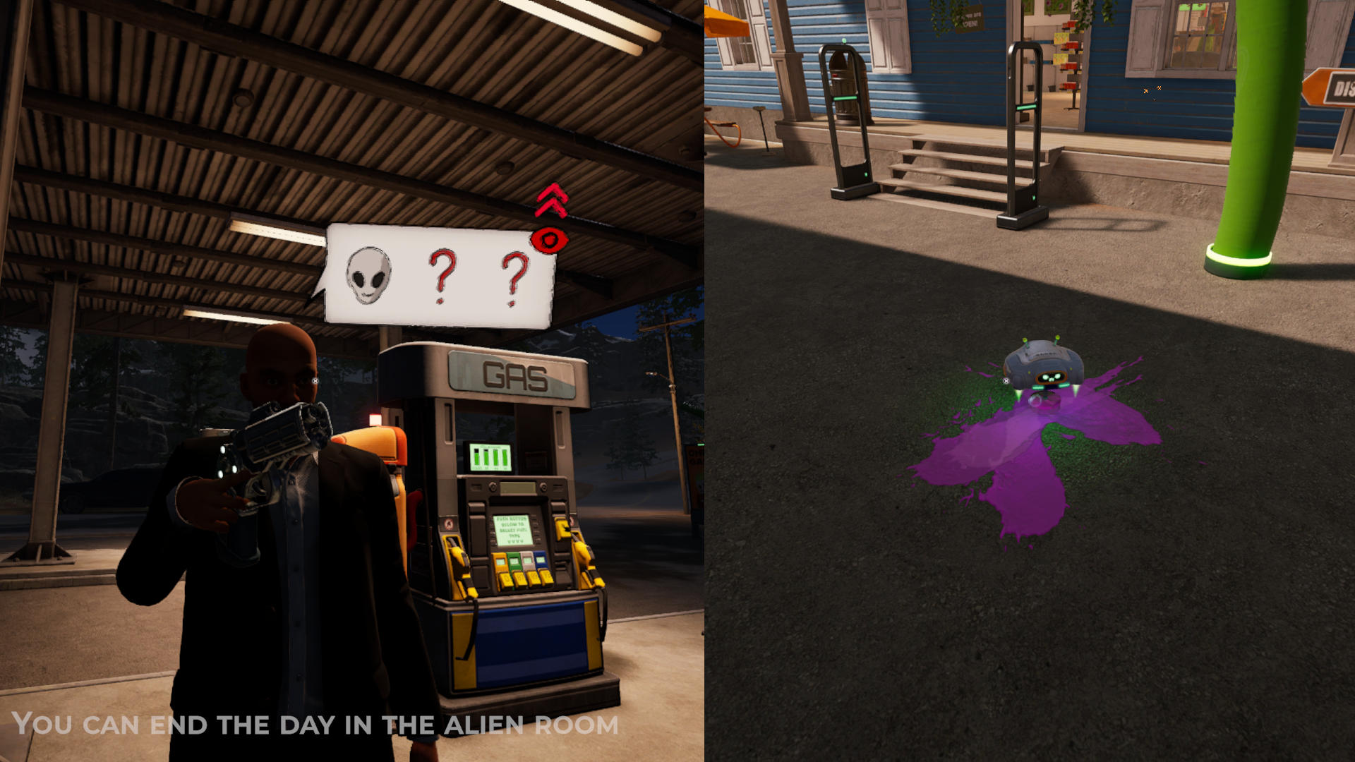 Two cropped screenshots from Roadside Research, combined into a single image. On the left is a night scene, centering on an agent character, a brown-skinned bald person in a black suit, standing in front of a gas pump. They are holding a high-tech version of a handgun in their right hand, pointing it at the viewer, and next to their head is a speech bubble that contains a grey alien emoji and two red question marks. The right side is a daytime scene, the viewer looking down at the asphalt where purple liquid is splattered across the ground, and a small robotic drone with a little LED face is cleaning the goop.