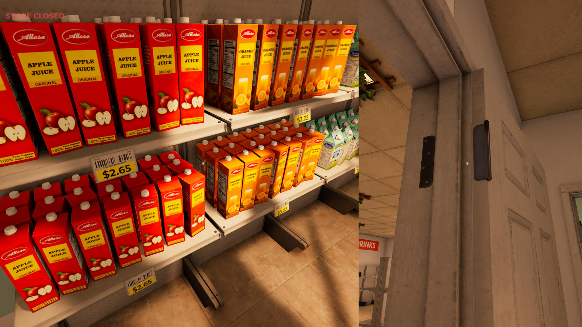 Two cropped screenshots from Roadside Research, combined into a single image. The left side shows juice cartons on shelves that are unevenly spaced and slightly rotated in different directions. The right side shows where a door meets the doorframe, but the half of the hinge on the frame is on the opposite side of the half of the hinge that's attached to the door, as if the two assets were perhaps one in a previous life, and have been separated and repositioned quickly to better suit the developers' purposes.