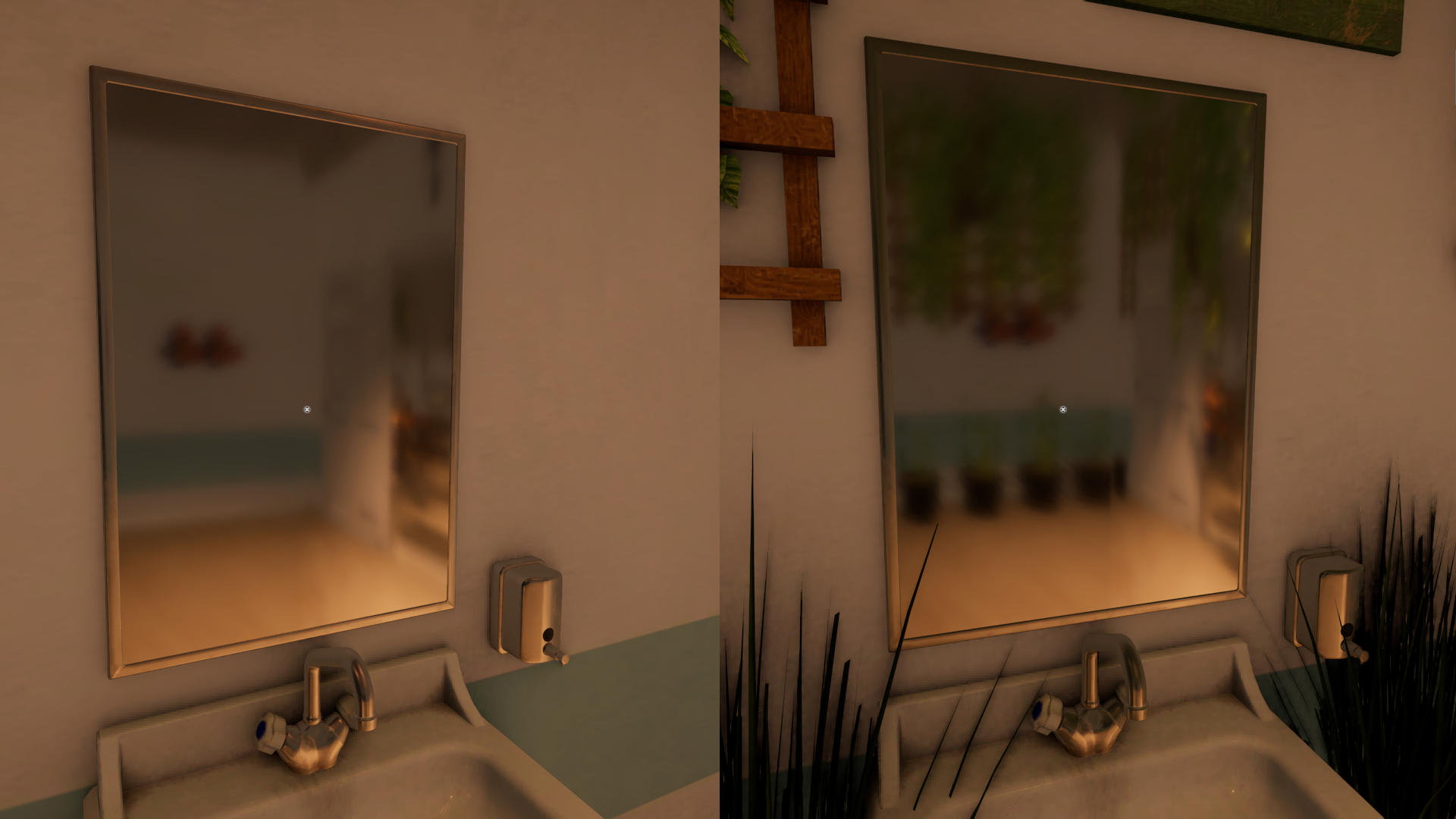 Two screenshots from Roadside Research cropped down to just the center and combined into one image. The left half shows the in-game bathroom mirror reflecting the mostly empty bathroom interior, The right half shows the same mirror reflecting the bathroom interior but including a lot of player-placed plant decoration items.