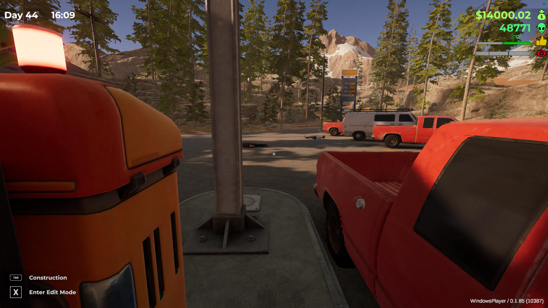 Unedited screenshot from Roadside Research. A parking lot in the daytime, partially visible in the foreground is a gas pump on the left side and a red pickup truck on the right side. In the distance, toward the center of frame, are two NPC pedestrians laying flat on the ashpalt, having been hit by the red truck as it sped through the parking lot.