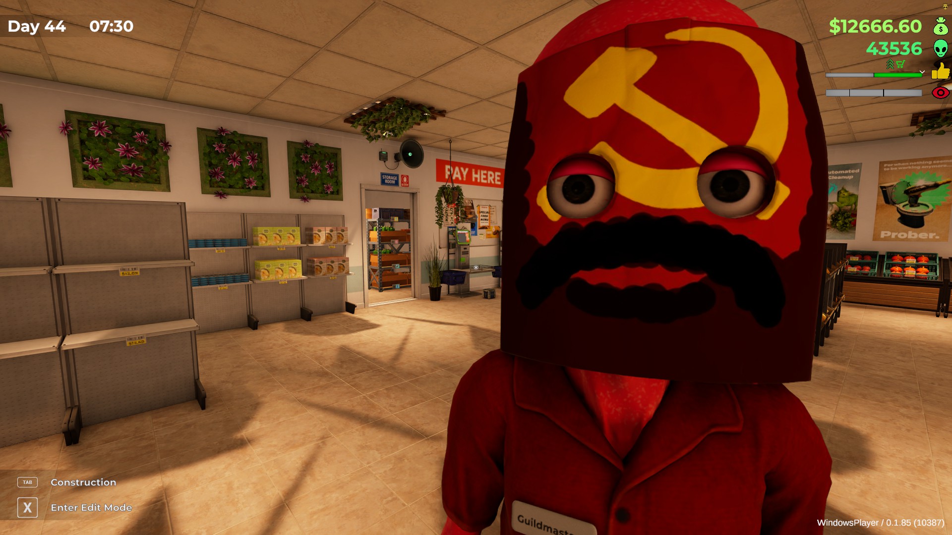 Interior of the gas station, with an alien character standing close to the camera and taking up the entire right half of the image. The alien is dressed in red, with red skin, and the mask they have taped to their face is also red, drawn in the rough likeness of Karl Marx, with a yellow hammer and sickle emblem across their forehead. They stare directly at the viewer, as if to question the audience's class consciousness.